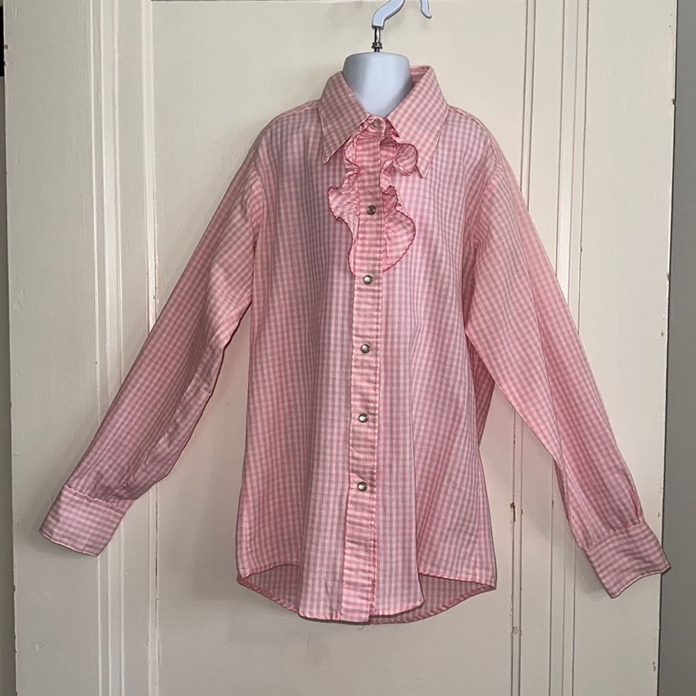Vtg 60s Rockmount‎ Ranch Wear pink & white check ruffle neck western shirt